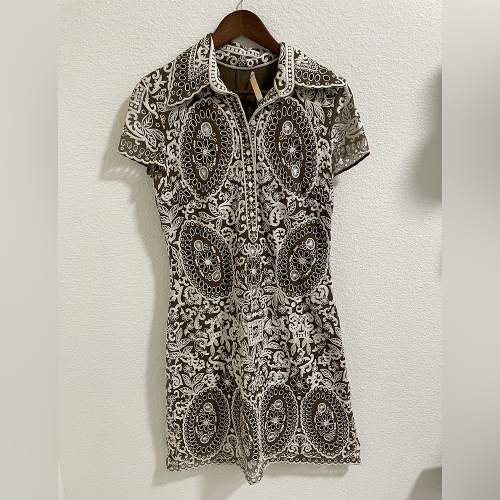 Naeem Khan Brown Dress with Ivory Embroidered Trim